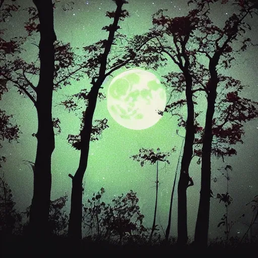 Prompt: a serene forest of faeries, beautiful double moon in the night sky