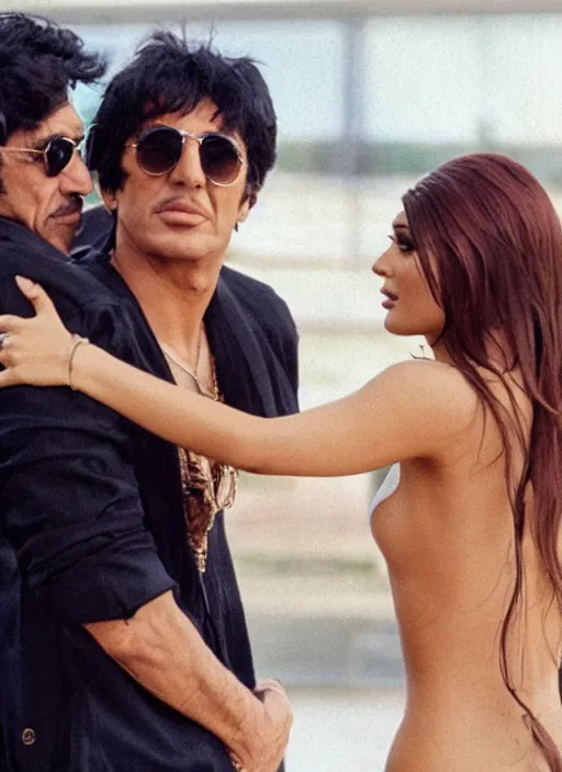 Prompt: film still of kylie Jenner hugging Tony Montana, Tony holding her waist, rear shot, abandoned station