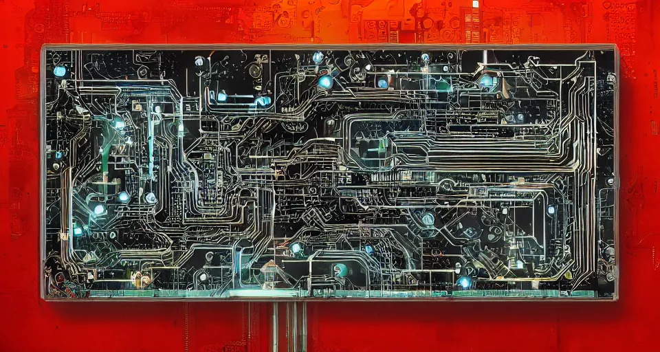 Image similar to distant product photography framing. digitally painted render of a small square fantasy vacuum - tube motherboard made and powered by crystalline circuitry. trending on artstation. artificer's lab bg. premium print by angus mckie and james gurney. bismuth materials