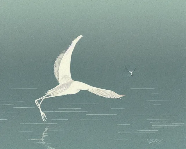 Prompt: a white crane bird hunting in shallow water by abandoned greek architecture, close up, digital art, illustrated by james gurney and victo ngai