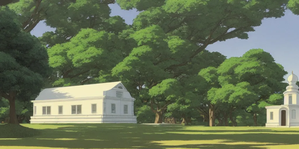 Prompt: A mysterious and godly domed white building in a city park, by Studio Ghibli and Edward Hopper