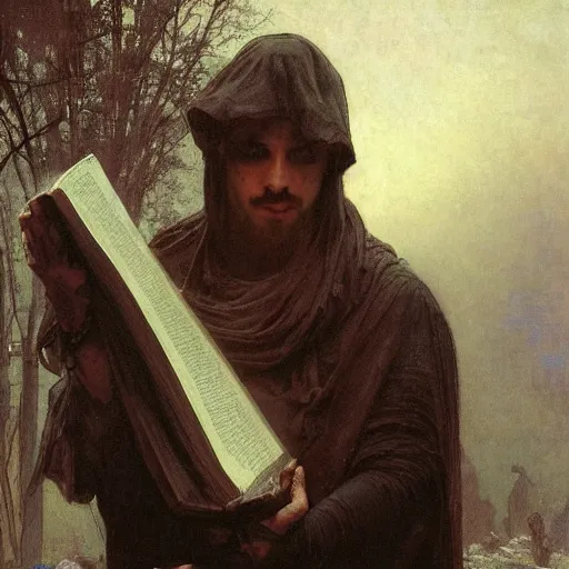 Image similar to half portait of magican wearing a closed cowl holding a big old book! with chains!! on his wrist, jeremy mann, jean leon gerome, alphonse mucha, greg rutkowski, hood covers his eyes, ( ( ruins of ancient rome ) ), at dusk, mysterious atmosphere, sunrays, dof, masterpiece, high detailed, 8 k