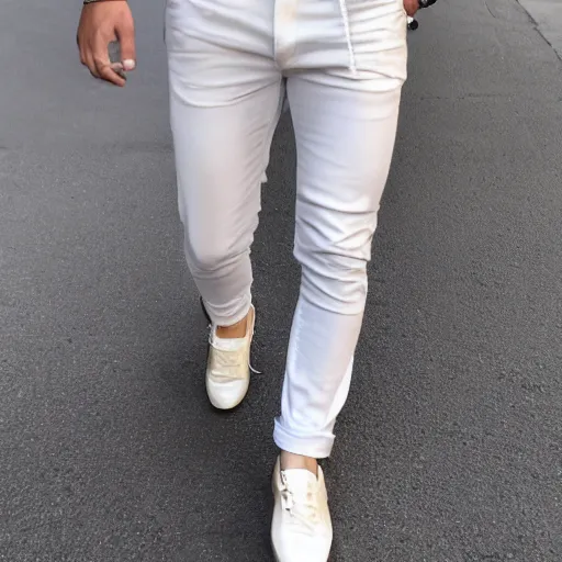 Prompt: person wearing off white shirt and different color pants combo stylish, hd, full body