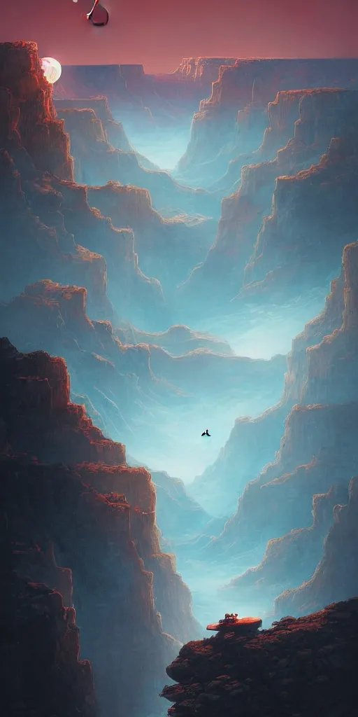 Image similar to Detailed landscape of moon crater, grand canyon, red rising planet, floating rocks, nebula sky, stunning atmosphere, in Style of Peter Mohrbacher, cinematic lighting