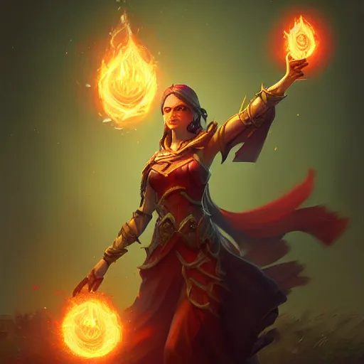 Image similar to The sorceress casting a fireball, Official Hearthstone artwork by Greg Rutkowski in Hearthstone Art style, professional illustration, very high details, insanely trending on Artstation