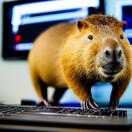 Prompt: a capybara in front of a computer holding a computer