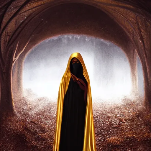 Image similar to a portrait of a young black woman wearing a long dark cloak, hood and shadows covering face, wearing shiny gold, oil painting, matte painting, black background, Volumetric Golden dappled dynamic lighting, Highly Detailed, Cinematic Lighting, Unreal Engine, 8k, HD, by Beksinski