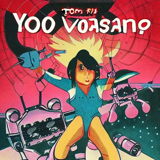 Prompt: Yoshimi versus the evil robots, vintage cover art