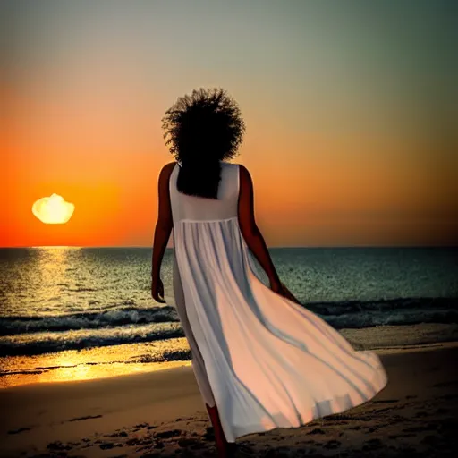 Image similar to a beautiful photograph of a woman in a white dress on the beach at sunset, by krysia lukkason