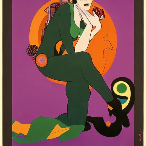 Image similar to Eva Green, Art by Coles Phillips, Orange bodysuit, Chalk white skin, deep purple hair, Green eyes, Portrait of the actress, Eva Green as Metamorpho, geometric art, Ramona Fradon, poster, no text, Alphonse Mucha, Vasily Kandinsky, carbon black and antique gold