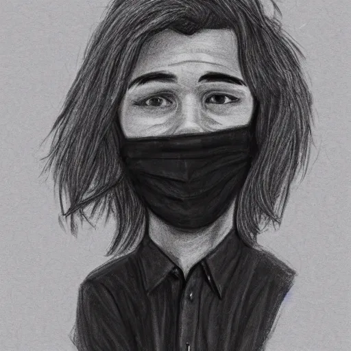 Image similar to professional pencil sketch of a young adult man with slightly long hair wearing a black face mask a black flannel shirt and black sweatpants, high quality, HD, 8K, highly detailed, award-winning