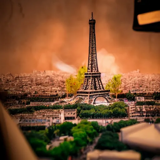 Image similar to a detailed photo of a diorama city, paris eiffel tower, macro photography, zoom, model trees, studio lighting, hyperdetailed, bokeh, smoke