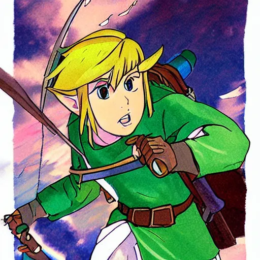 Image similar to beautiful illustration of link from ocarina of time in the style of studio ghibli, colorful, fantasy, anime