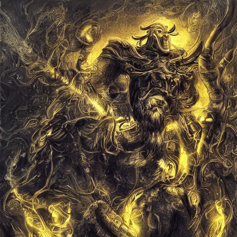 Prompt: mythological Odin all father god of thunder and artificial intelligence creating an artificial neural network with yellow synapses on an anvil, high resolution, award winning art, trending on art station, sharp image, incredibly detailed, odin all father detailed character realistic painting