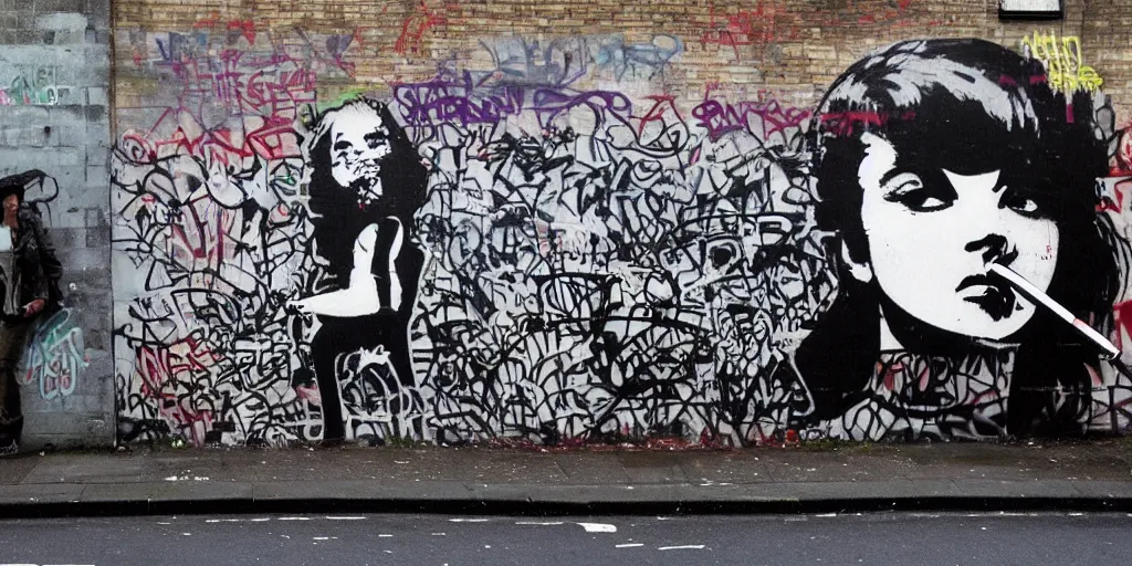 Prompt: graffiti on a wall in london of a british youth smoking cannabis, war on drugs, banksy, daido moriyama
