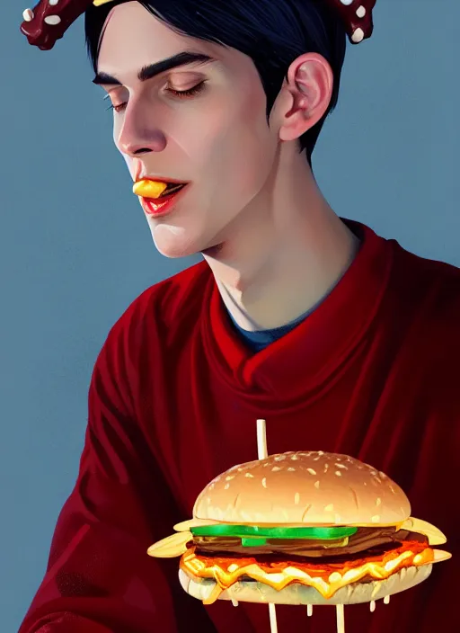 Image similar to portrait of jughead jones, eating a hamburger, wearing a crown, eyes closed, intricate, elegant, glowing lights, highly detailed, digital painting, artstation, concept art, smooth, sharp focus, illustration, art by wlop, mars ravelo and greg rutkowski