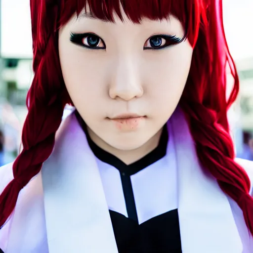 Image similar to a high definition photo of a cosplayer with twin tails, wearing white dress, symmetric and beautiful face, photo taken with Sony a7R