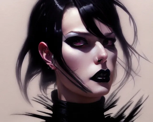 Prompt: a ultradetailed beautiful portrait panting of a stylish goth woman, wearing a shirt with a tie, dramatic, she has black hair, she is distressed, by hajime sorayama, greg rutkowski and enki bilal, trending on artstation