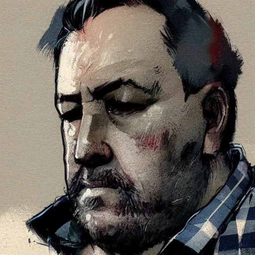 Image similar to portrait of an overweight 55 year old man with short gray hair and a thick, round gray beard, round cheeks, wearing a checkered shirt, dramatic lighting, illustration by Greg rutkowski, yoji shinkawa, 4k, digital art, concept art, trending on artstation