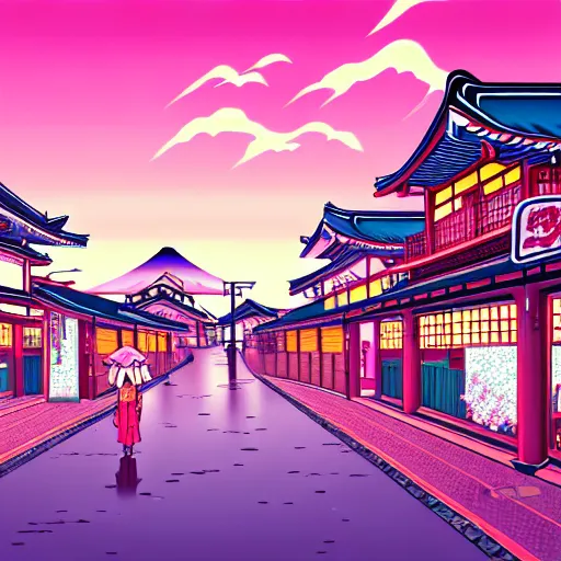 Image similar to A japanese town with pink sky, cozy town, anime wallpaper, Hirohiko Araki, Hirohiko Araki artwork, araki art, 4K