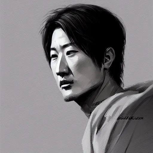 Prompt: “Portrait of Sung Kang by Greg Rutkowski, young, manly, attractive, strong, older brother vibes, highly detailed portrait, scifi, digital painting, artstation, concept art, smooth, sharp foccus ilustration, Artstation HQ”
