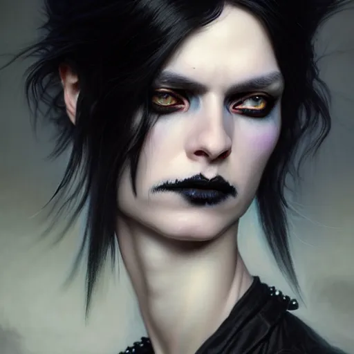 Image similar to portrait painting of an androgynous witch with shoulder length black hair pale skin and beautiful eyes wearing a punk clothes, ultra realistic, concept art, intricate details, eerie, highly detailed, photorealistic, octane render, 8 k, unreal engine. art by artgerm and greg rutkowski and magali villeneuve and alphonse mucha