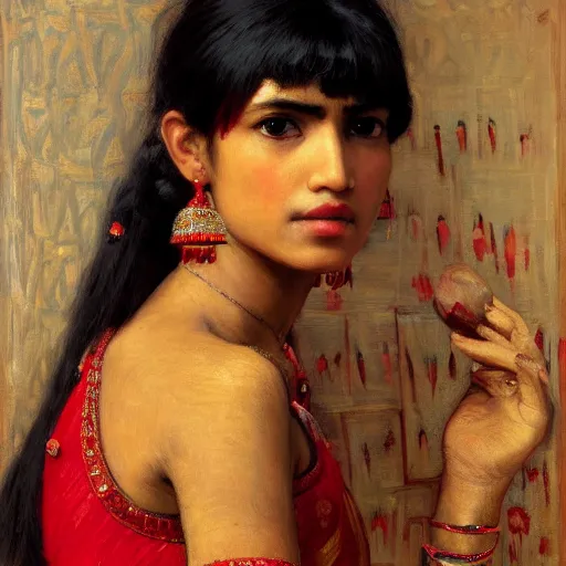 Image similar to orientalist portrait of an indian woman with bangs wearing a red dress selling tapestries in a busy marketplace intricate artwork by Fabio Fabbi and john william waterhouse and Edwin Longsden Long and Nasreddine Dinet and Theodore Ralli trending on artstation, very coherent symmetrical artwork high detail 8k