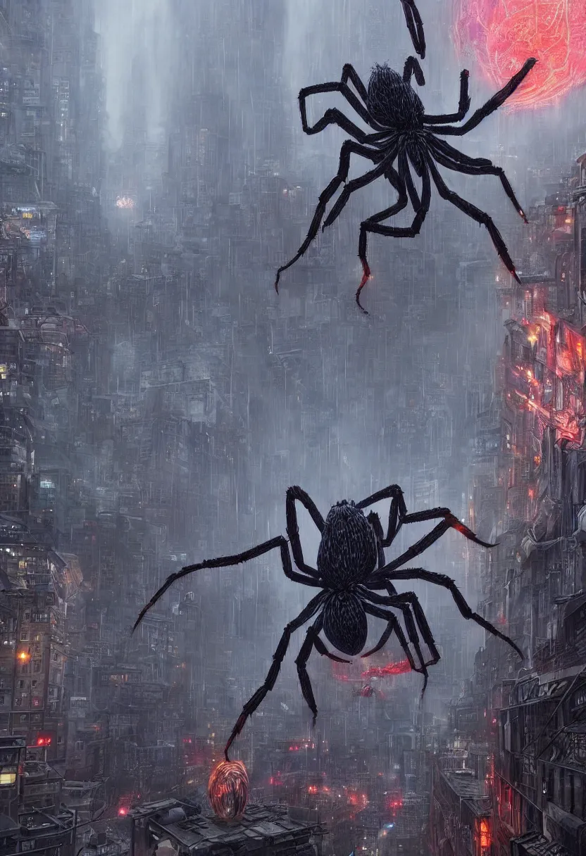 Image similar to A terrifying giant spider destroying a city, dramatic atmosphere, cinematic lighting, rain, masterpiece digital painting by Alex Grey, Greg Rutkowski, 4k wallpaper, artstation