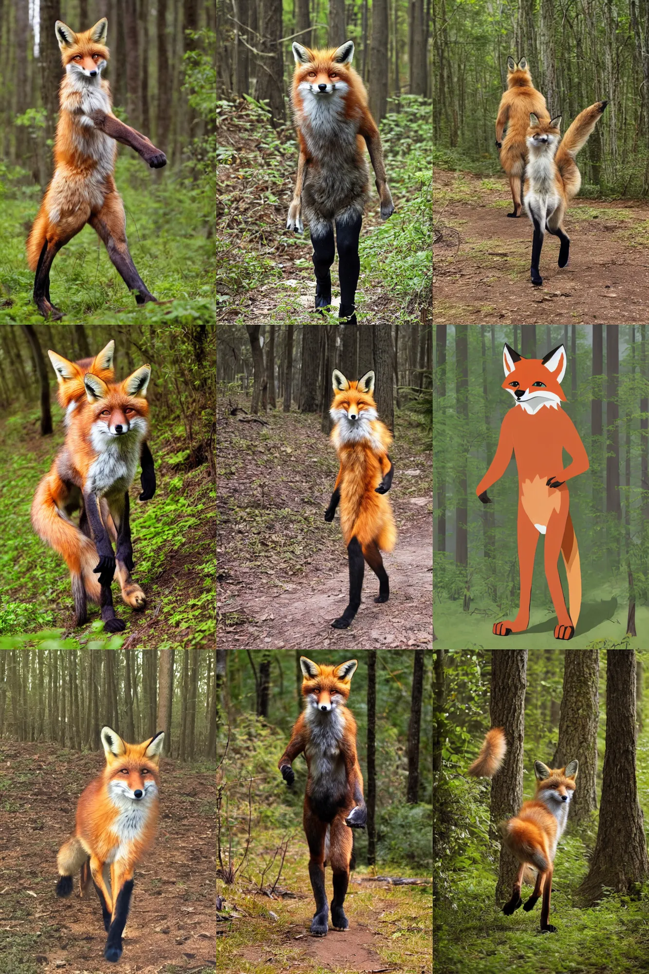 Prompt: anthro digitigrade natural - colored fox person with black paws, walking upright in a forest