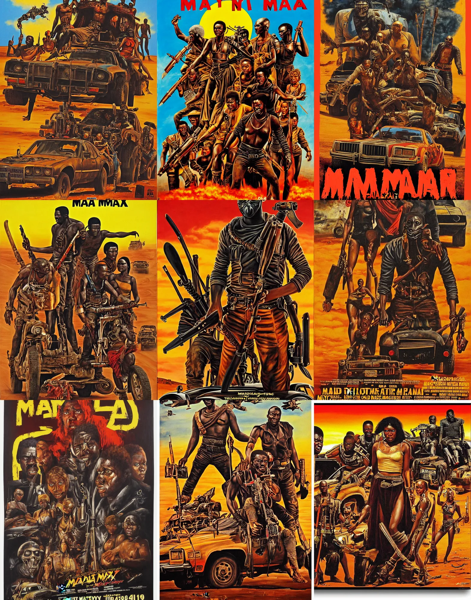 Prompt: oil painted ghanaian style movie poster for the film mad max ( 1 9 7 9 ) by mr. nana agyq and heavy j and farkira and stoger and magasco, painted on canvas, deadly prey gallery