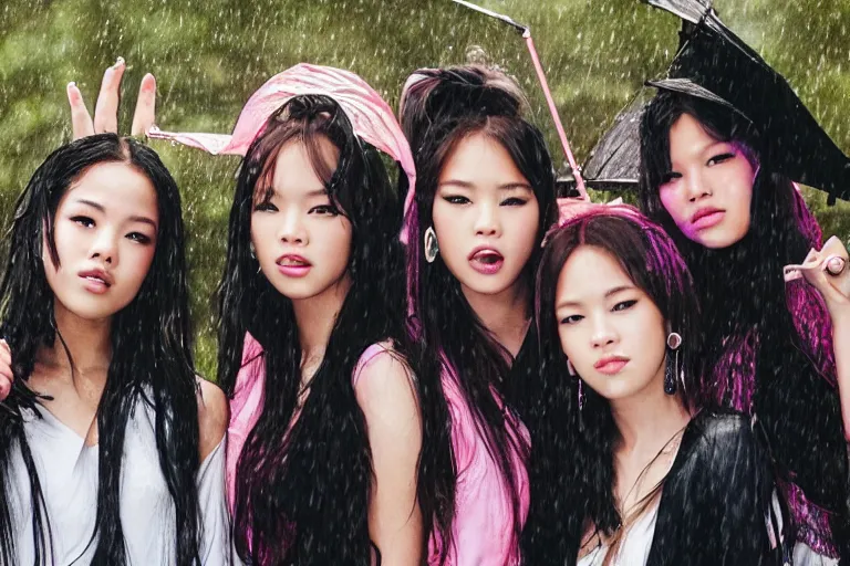 Prompt: a portrait of 4 blackpink singers posing in the rain