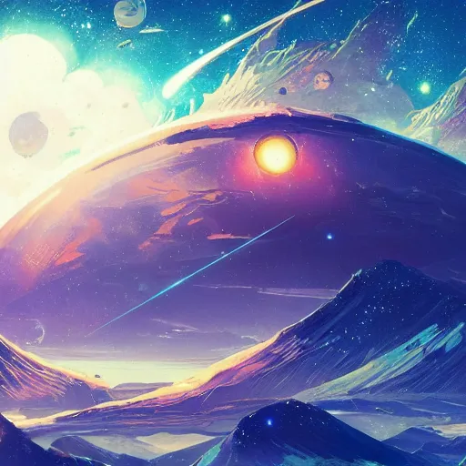 Image similar to concept art of an alien outer space galaxy, open expanse, stars, meteorites, floating debris, beautiful, fantasy, colorful, cinematic lighting, artstation, trending, highly detailed, focus, smooth, by studio ghibli, rossdraws, hirohiko araki, conrad roset, yoshitaka amano