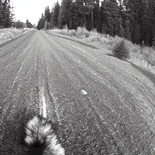 Prompt: trailcam footage of giant huge enormous wolf at night, black and white