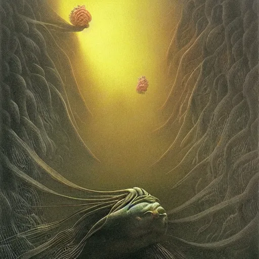 Image similar to fish, coral, fantasy, dark art, by zdzisław beksiński