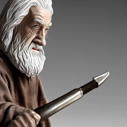 Image similar to figurine made of rough stone of gandalf with no hat. gandalf is sitting at a light - mixer, studio photo, uhd 4 k, backlight, rule of thirds