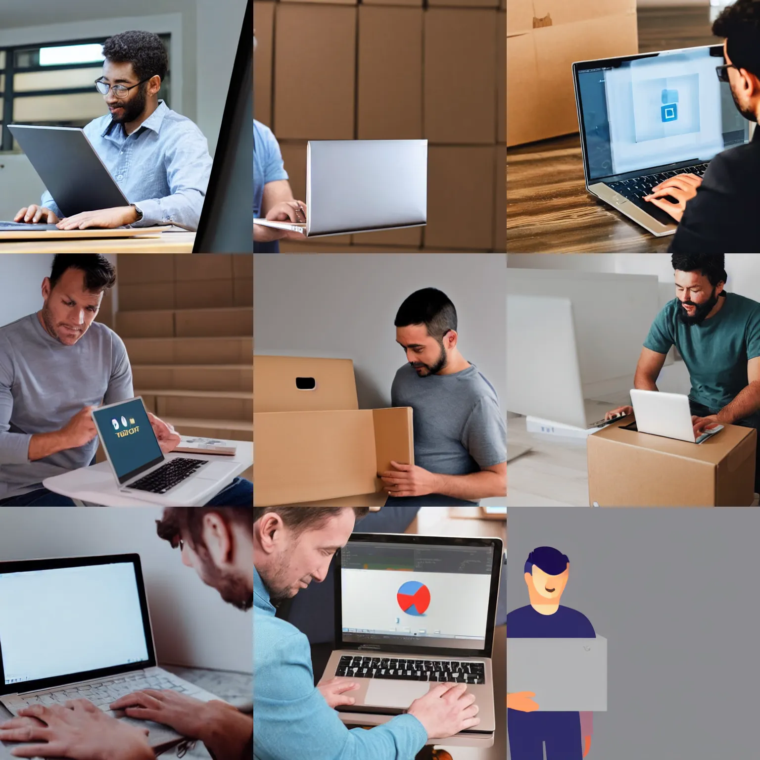 Prompt: a man looking at a laptop with a cardboard box icon that can be seen on the screen of the laptop