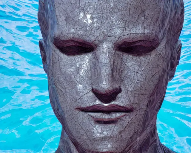 Image similar to a giant sculpture of an abstract human head on the surface of the ocean, award winning, hyper - realistic, very detailed, realistic water, ray tracing, 8 k resolution, long - shot, sharp focus, low angle, 8 5 mm photograph, wide lens