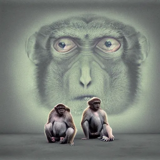 Image similar to two macaques looking at each other inside alien base, digital art, soft shadows, creepy art