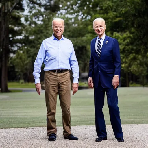 Image similar to A portrait photo of joe biden teams up with a teenage joe biden, perfect faces, 50 mm, award winning photography