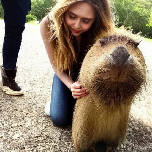 Image similar to elizabeth olsen with a capybara