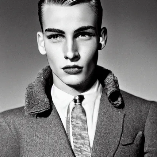 Prompt: a very handsome young man, fashion model, 1 9 5 0 s,