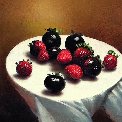 Prompt: table with very very very very black colored strawberries, #black strawberry fruit, ?black strawberry, !black strawberries, •black strawberries, extremely black strawberries, the strawberries are black, painted by rossdraws, greg rutkowski, thomas kindkade