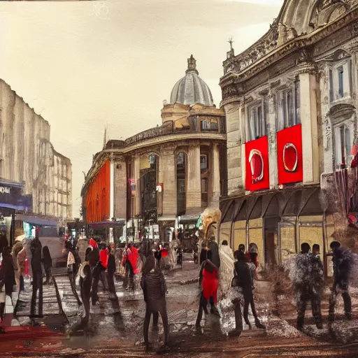 Image similar to A British European City with cars and people roaming inside of the city, certain aspects of the background are lens blurred, splatters of red on the border of the image, some of the people are even painted red, black and white photograph painting, real life, realistic, hyperrealistic, very realistic, photo photograph, photo, photograph, painting, oil painting, ultra realistic, very detailed, extremely detailed, highly detailed, HD Quality, 4k resolution, 8k resolution, trending on artstation, in the style of an Album Cover, cool, epic, nostalgic, intricate details