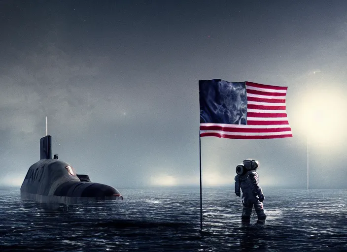 Image similar to astronaut holding a flag in an underwater desert. a submarine is visible in the distance. dark, concept art, cinematic, dramatic, atmospheric, 8 k, trending on artstation, blue, fish, low visibility, fog, ocean floor, christopher nolan, interstellar