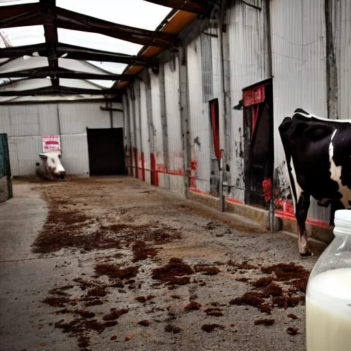 Image similar to dirty bottle of milk and a cow inside slaughterhouse