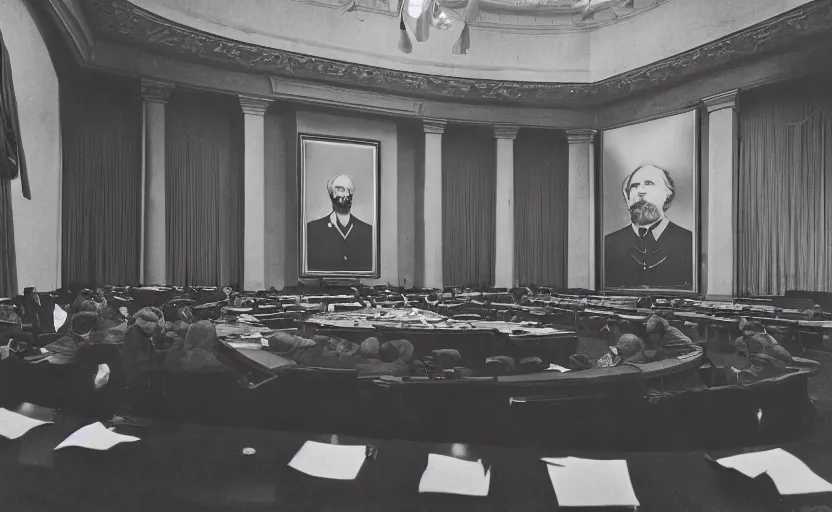 Image similar to 60s movie still of a stalinist style sovietic parlement with a giant portrait of Karl Marx, by Irving Penn , cinestill 800t 35mm eastmancolor, heavy grainy picture, very detailed, high quality, 4k, HD criterion, precise texture, panoramic, cinematic