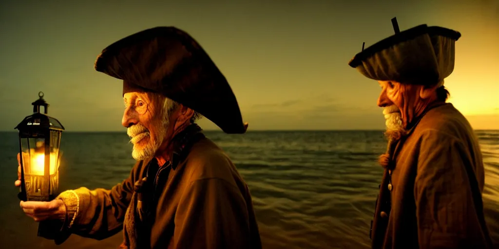 Image similar to film still of closeup old man holding up lantern by his beach hut at night. pirate ship in the ocean by emmanuel lubezki