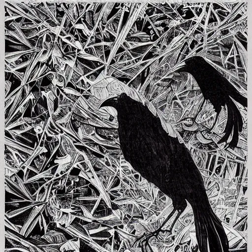 Image similar to a simple crow painting by Android Jones and M. C. Escher collaboration