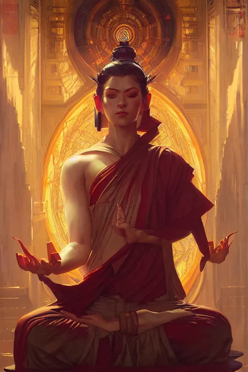 Image similar to temple, cyberpunk, buddhism, painting by greg rutkowski, j. c. leyendecker, artgerm