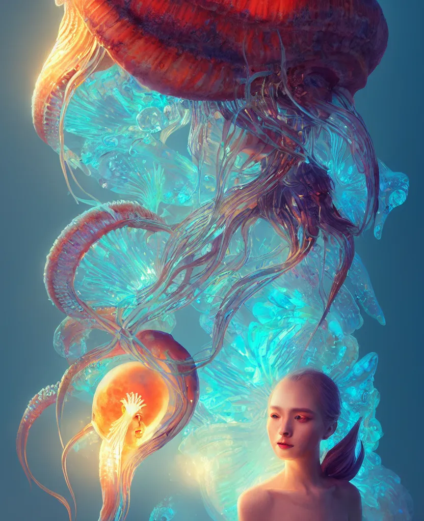 Prompt: goddess portrait. jellyfish phoenix head, nautilus, butterfly, skull, ice and fire, bioluminiscent creatures, intricate artwork by Tooth Wu and wlop and beeple. octane render, trending on artstation, greg rutkowski very coherent symmetrical artwork. cinematic, hyper realism, high detail, octane render, 8k
